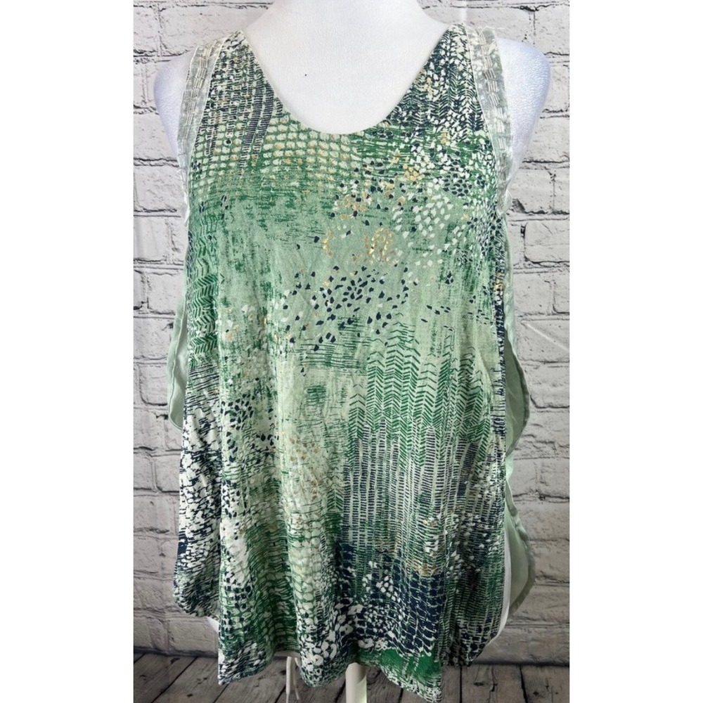 Miss Me Green Abstract Gold Foil Beaded Strap Layered Tulip‎ Tank Top XS